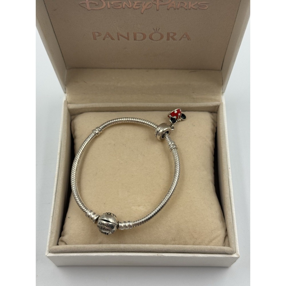 Pandora Disney Parks Silver Bracelet with Minnie Mouse Ear Hat Charm & Box - Picture 2 of 9